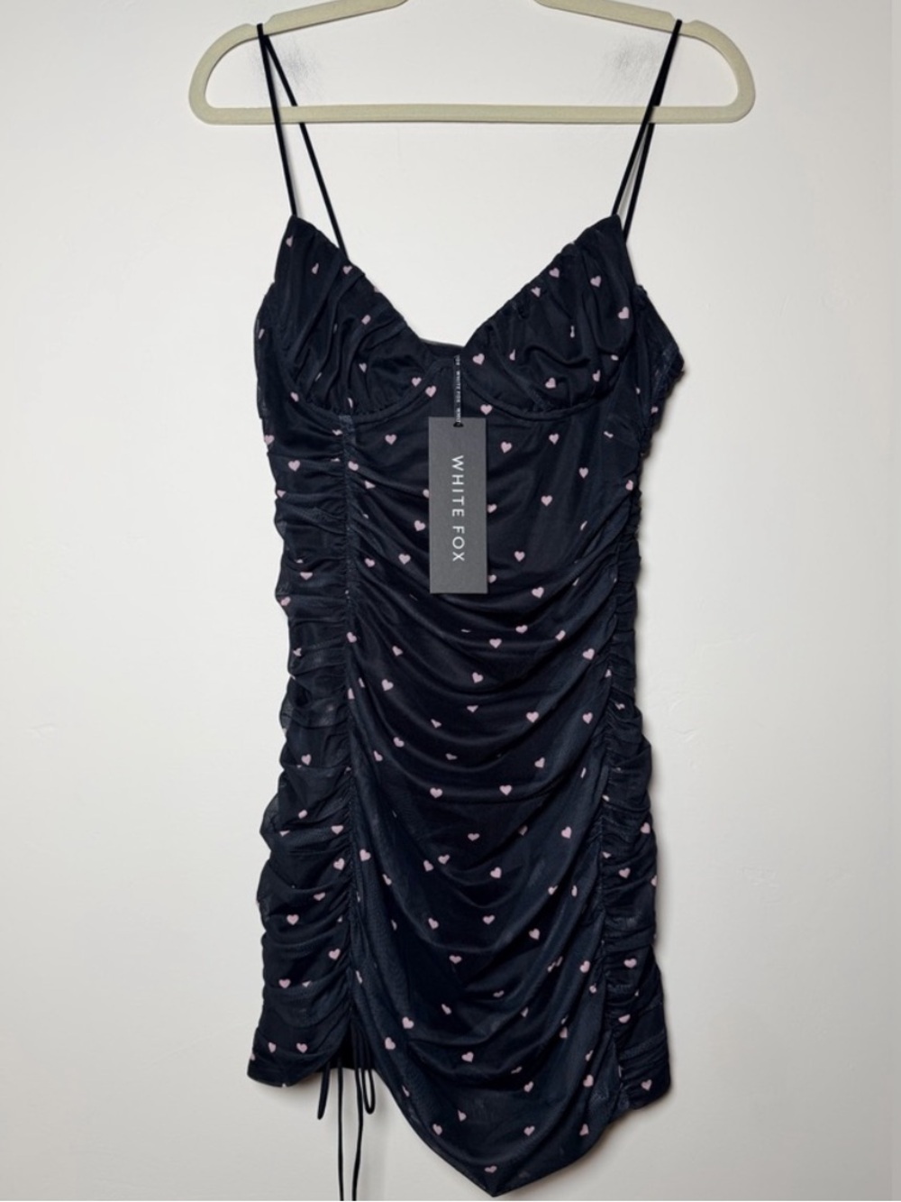 White Fox Boutique Dress Mini Black Mesh Heart Print Ruched Medium NWT Y2K